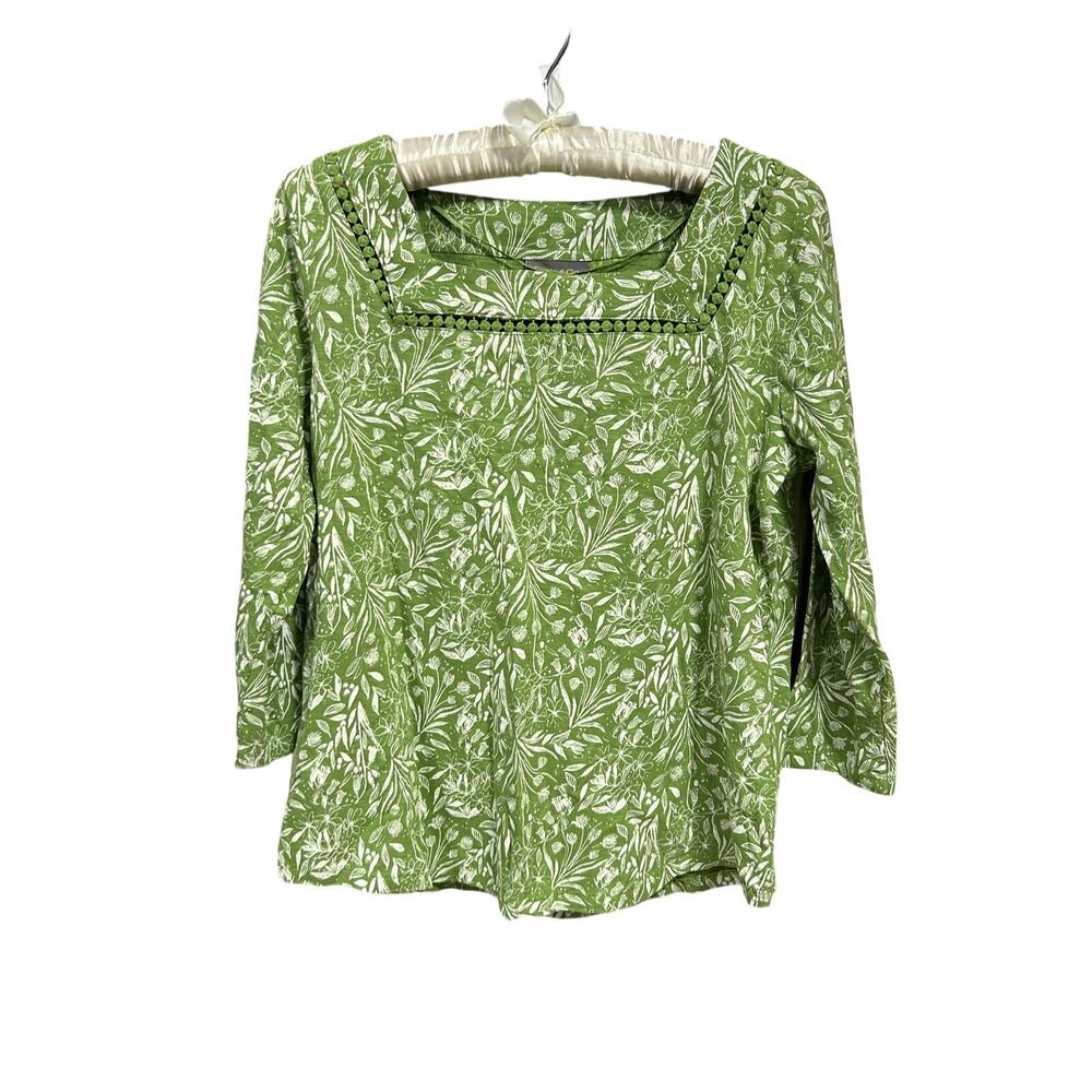 Style & Co Petite Medium Green Floral Botanical Square Neck 3/4 Sleeve Top